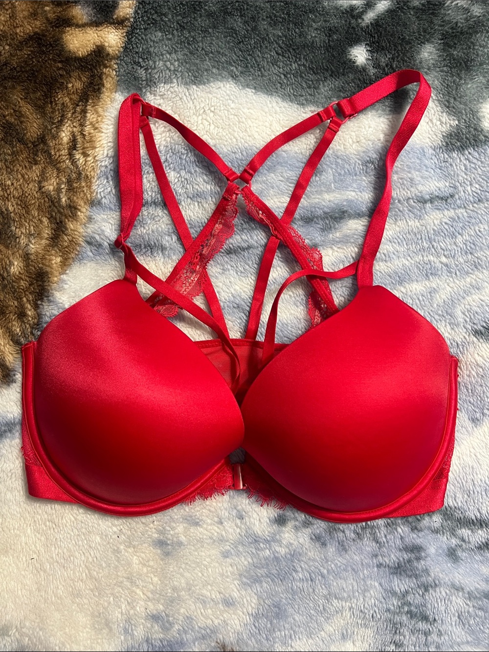 Victoria's Secret Bright Red Strappy Lace-Back Push-Up Bra